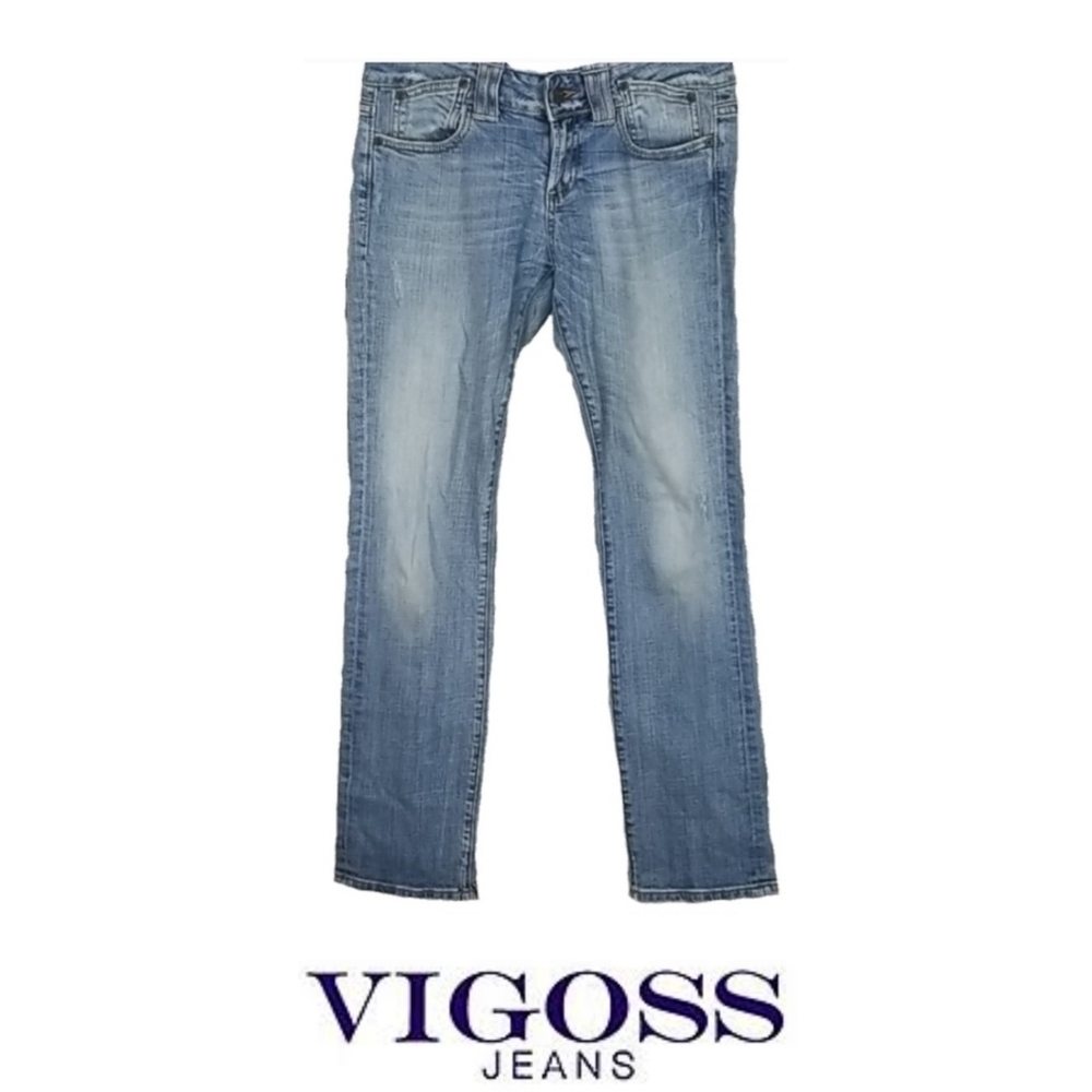 Vigoss Soft Distressed Light Wash Staight Leg Jeans, Size 5